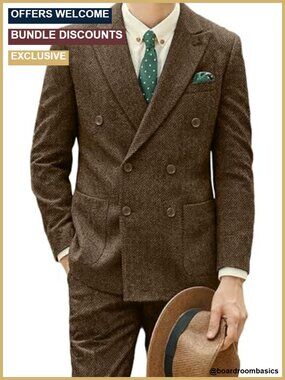 Men's 2 Piece Tweed Herringbone Double Breasted Suit Set